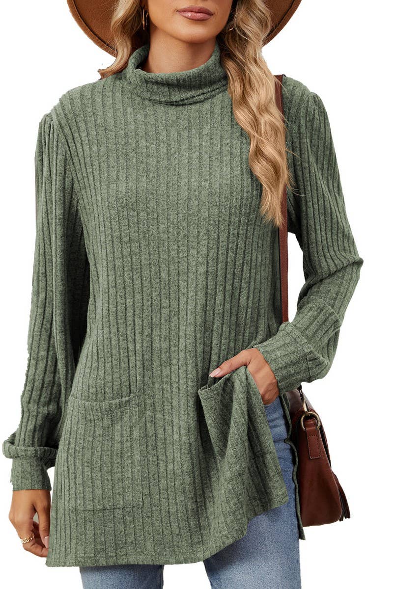 CWTBLL2363_SOLID COLOR HALF TURTLENECK SLIT POCKET TOP