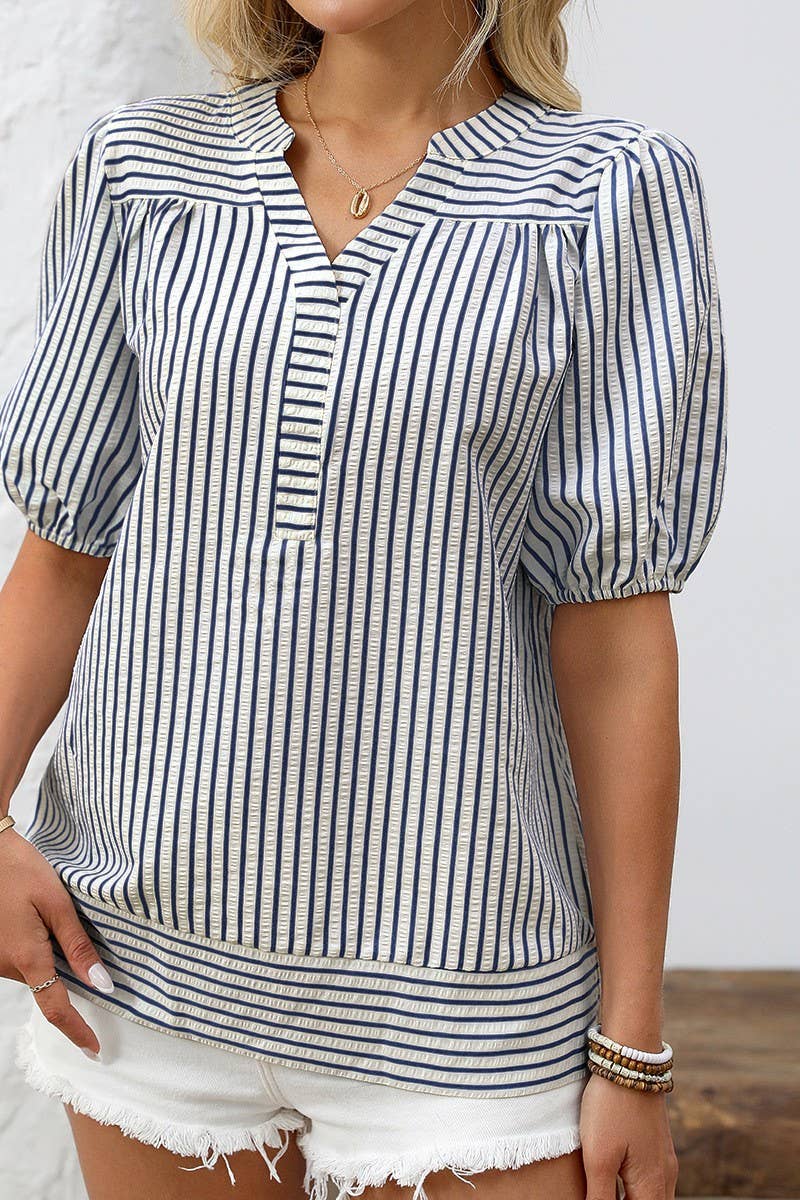CWTBLS1814_SUMMER V-NECK PUFF SLEEVE STRIPED SHIRT