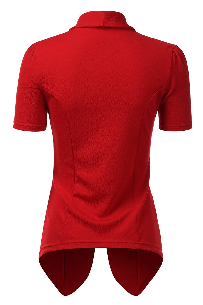 CWOBL095-P_Short Sleeve Open Front Draped Ruffles Blouses