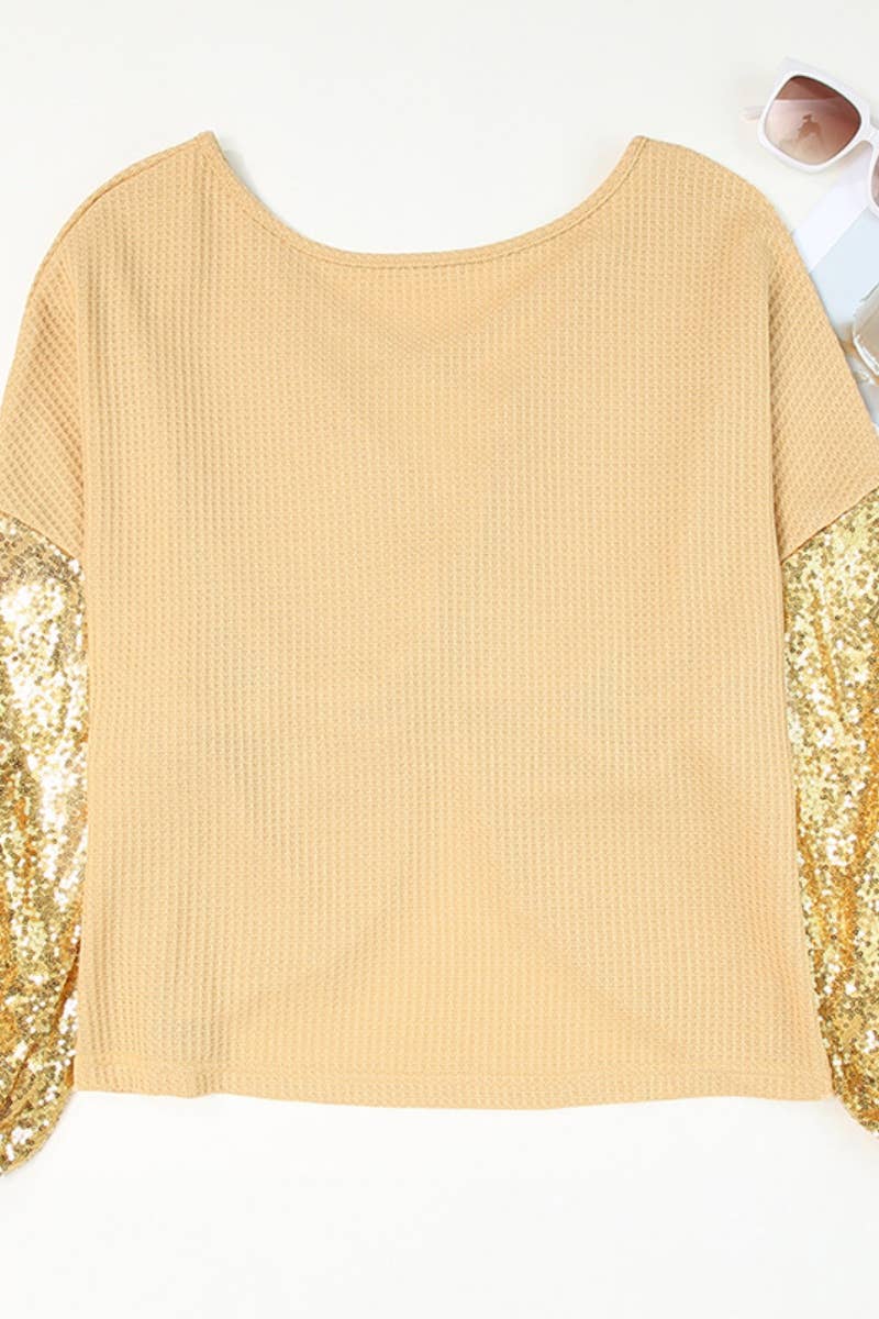 CWTBLL3052_FALL FASHION SEQUIN PATCHWORK LONG SLEEVE TOP