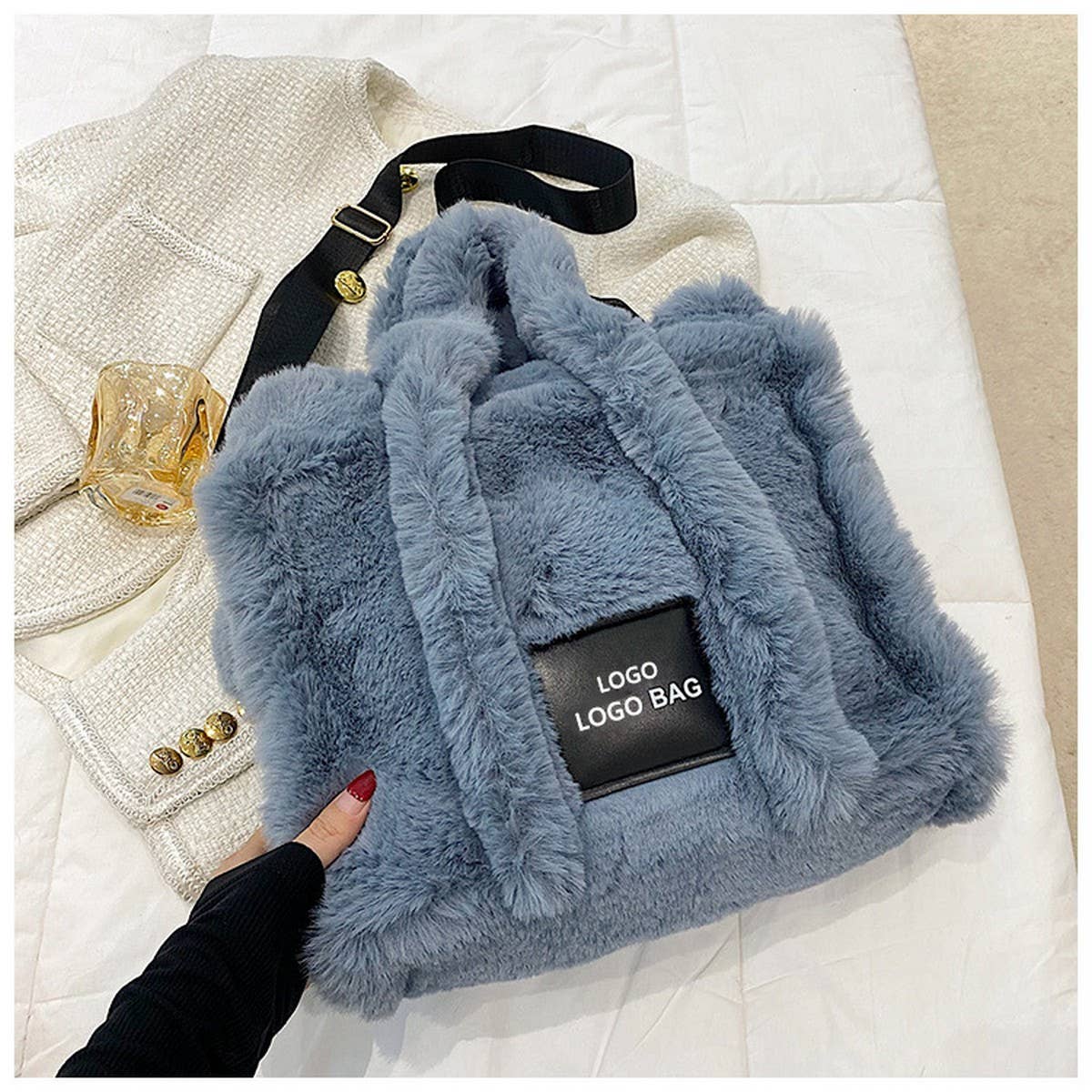Faux Rabbit Fur Tote Bag Women Large Handbag_CUAB00552