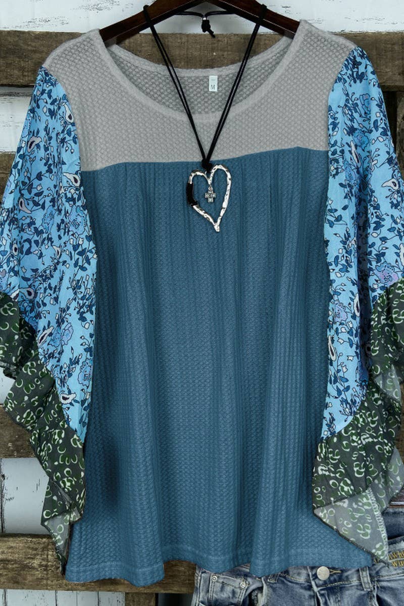 CWTBLS2231_COLORBLOCK PRINT BATWING SLEEVE WAFFLE TOP