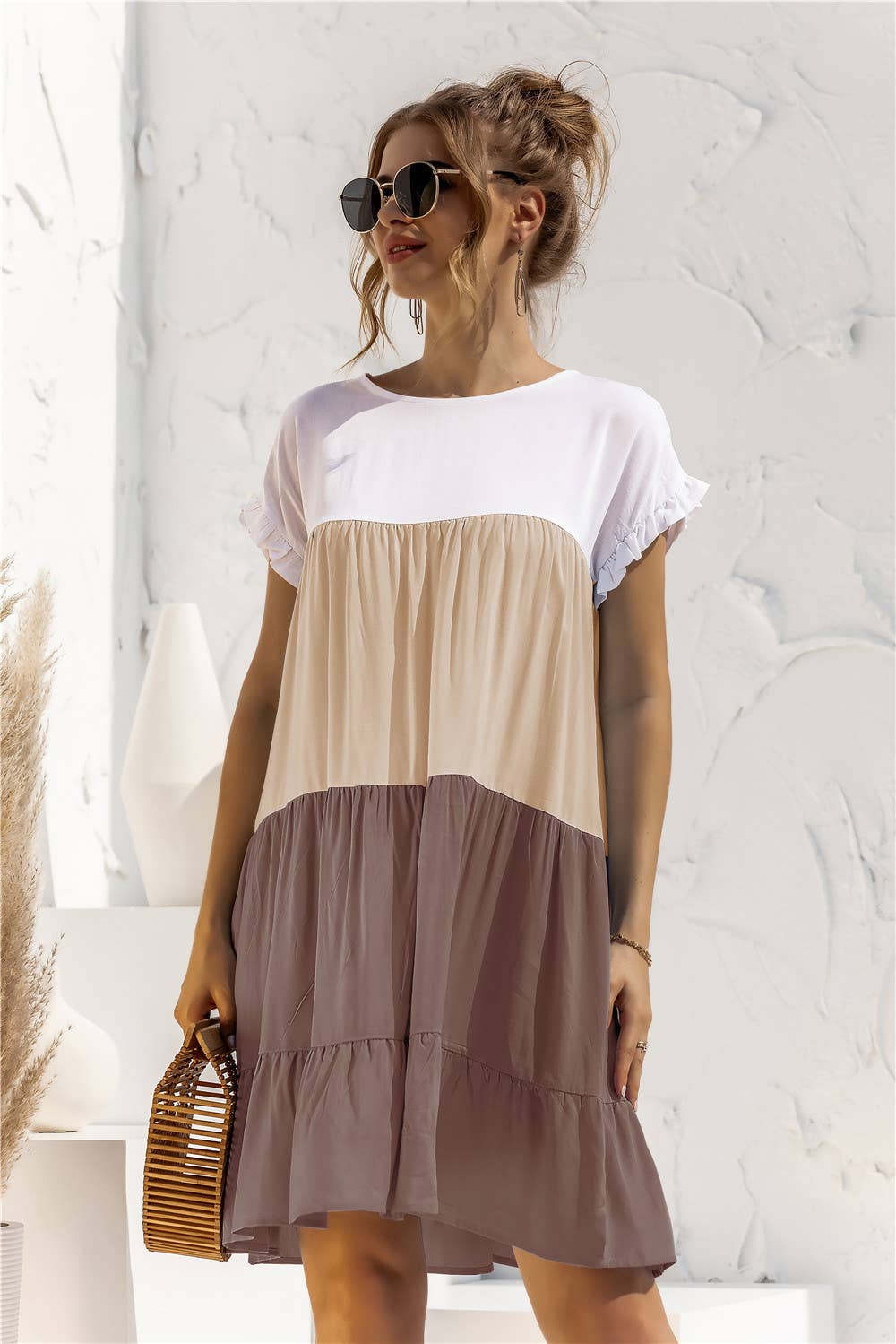 Color contrast baggy cake multi-layer hem dress