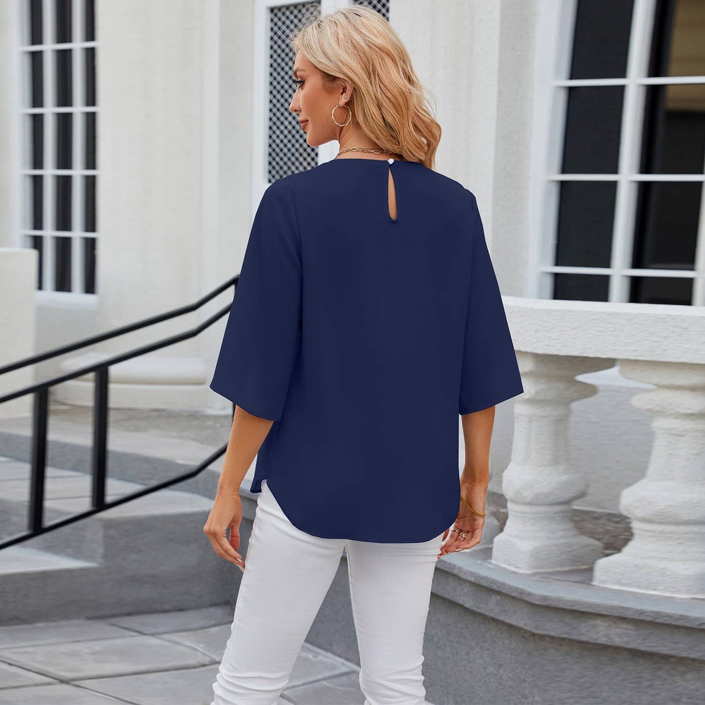 Crew-neck loose chiffon with five-quarter sleeves