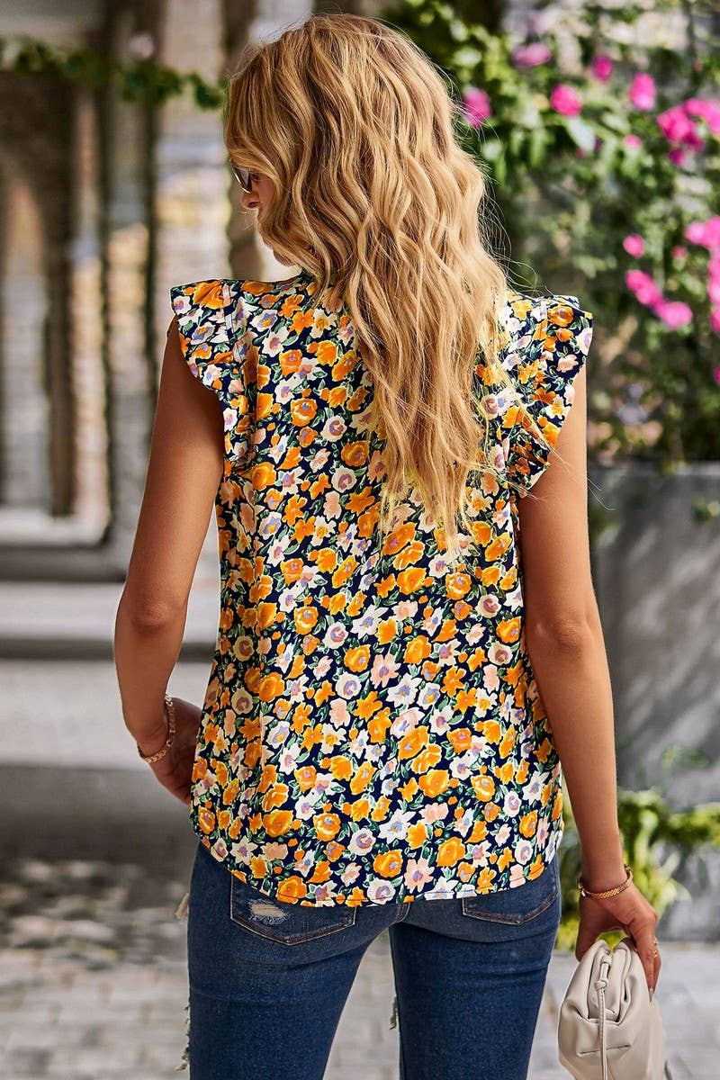 CWTBLSL0061_Round Neck Floral Ruffle Sleeveless Top