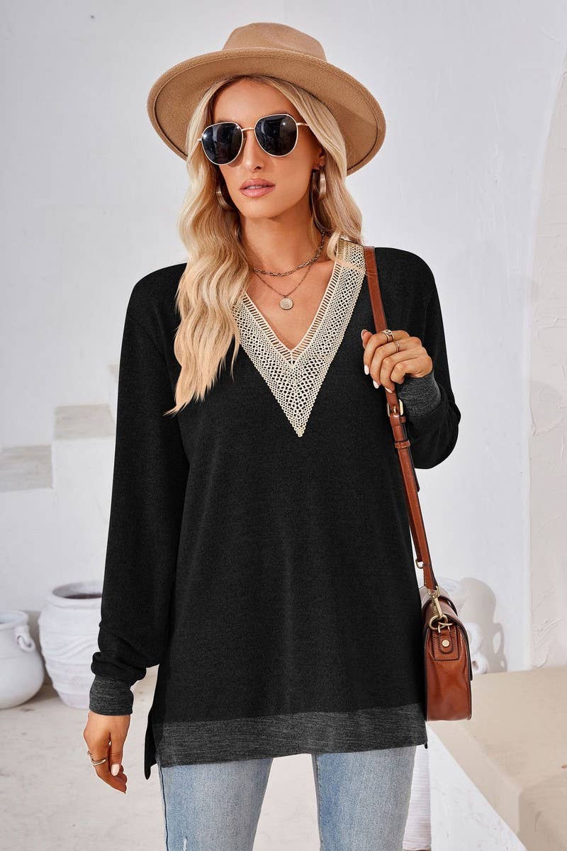 CWTBLL3660_AUTUMN NEW V-NECK LACE SOLID COLOR LOOSE T-SHIRT