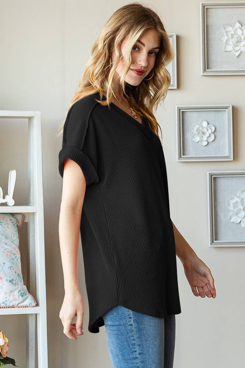 CWTBLS1500_V-NECK RIBBED JACQUARD KNIT SHORT-SLEEVED T-SHIRT