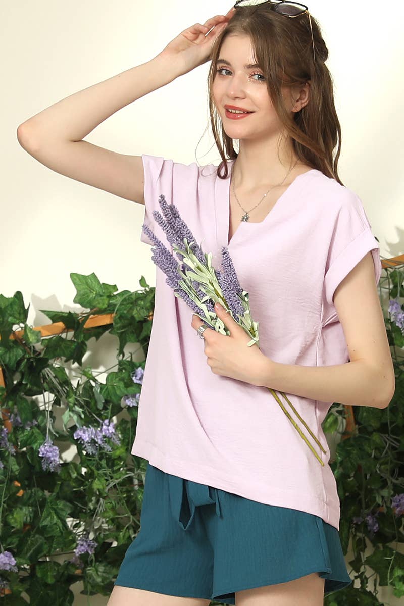 CWTBLS190-P_V-NECK TRIM ROLLED SHORT SLEEVE SHIRTS  BLOUSE T