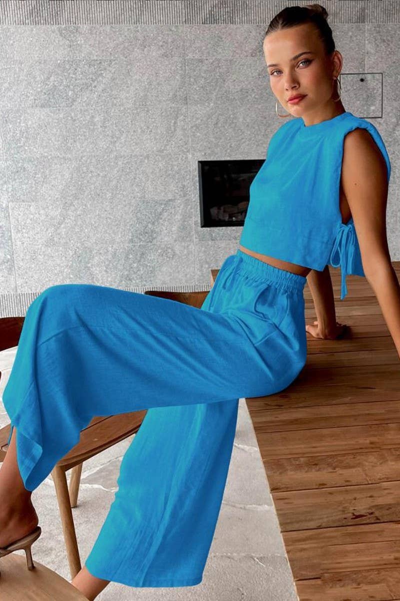 CWSTB2046_SLEEVELESS PADDED SHOULDER TOP AND PANTS SET