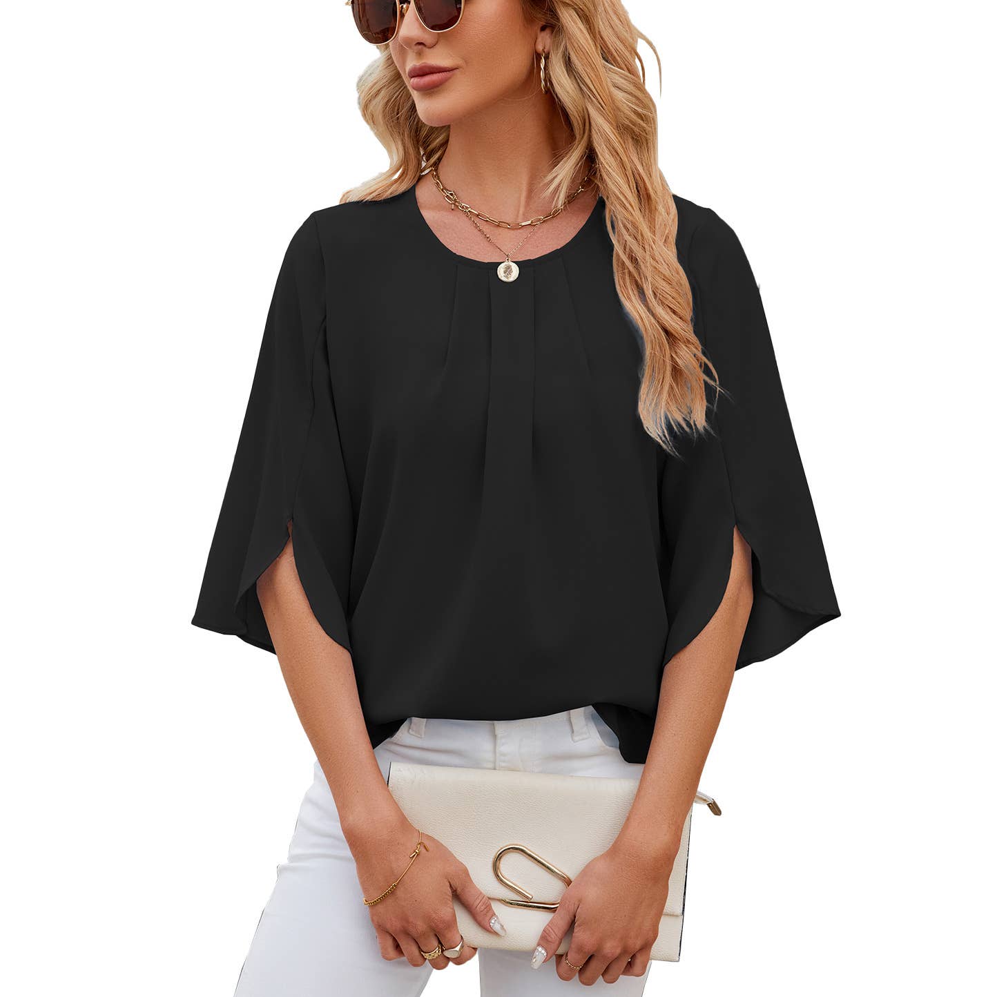 Crew-neck loose chiffon with five-quarter sleeves
