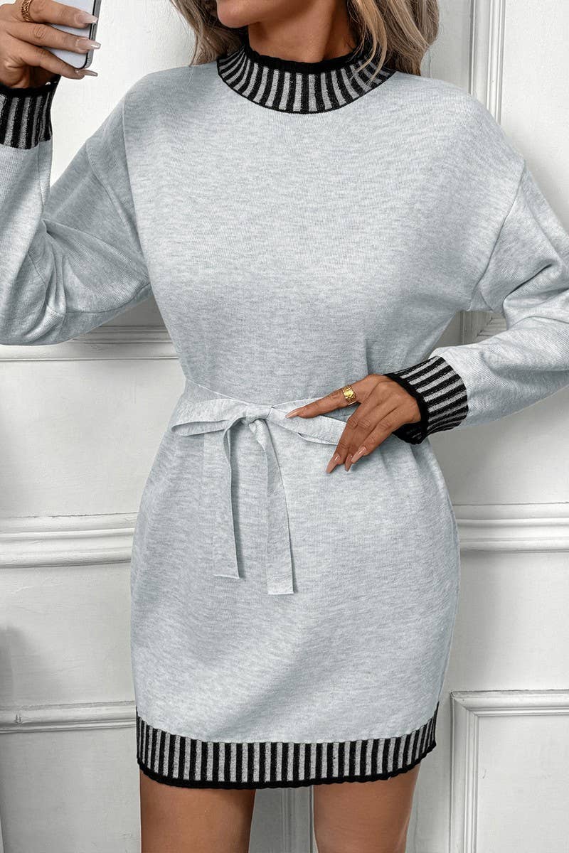 CWDSD10583_STRIPED TRIM MOCK NECK COLORBLOCK SWEATER DRESS