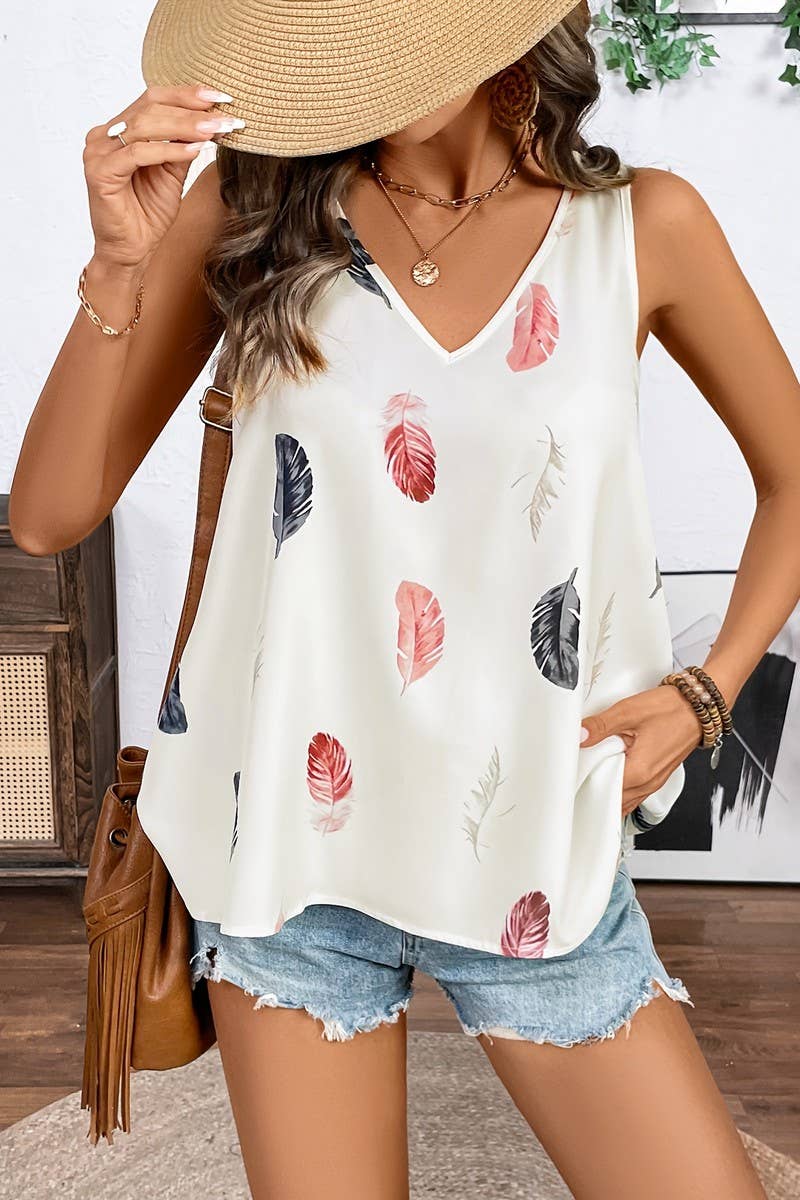 CWTTSL0341_V-NECK FEATHER SILHOUETTE PRINT LACE HOLLOW VEST