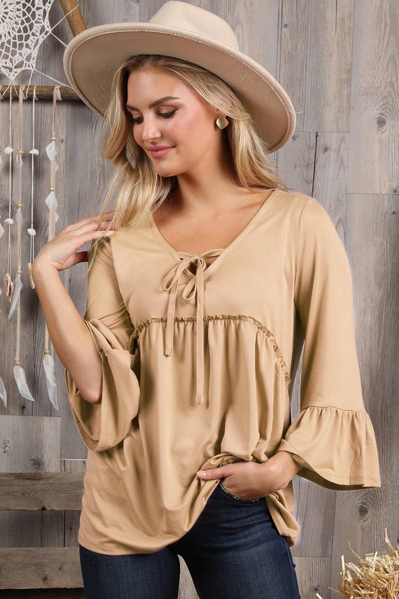 CWTTL1401_3/4 SLEEVE WITH NECK STRING DETAILED TOP