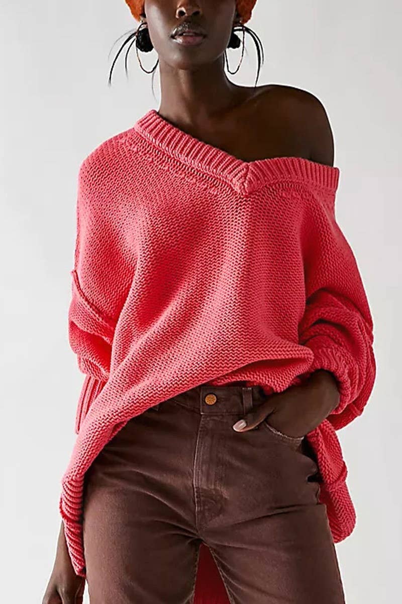CWOSWL5839_STYLISH V-NECK LONG-SLEEVED PULLOVER SWEATER
