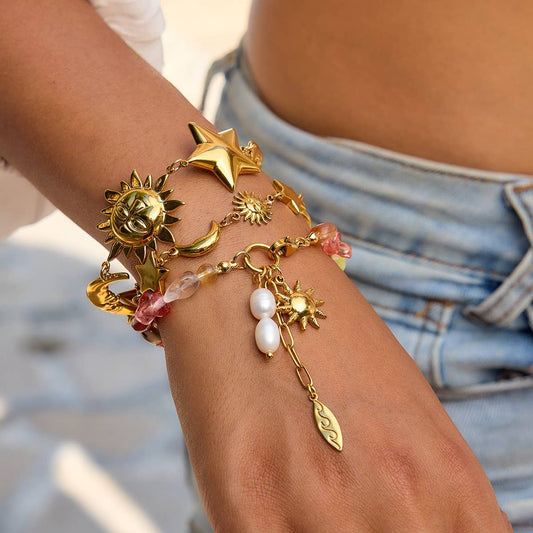 Vintage Pearl Turquoise Star Bracelet, 18K Gold