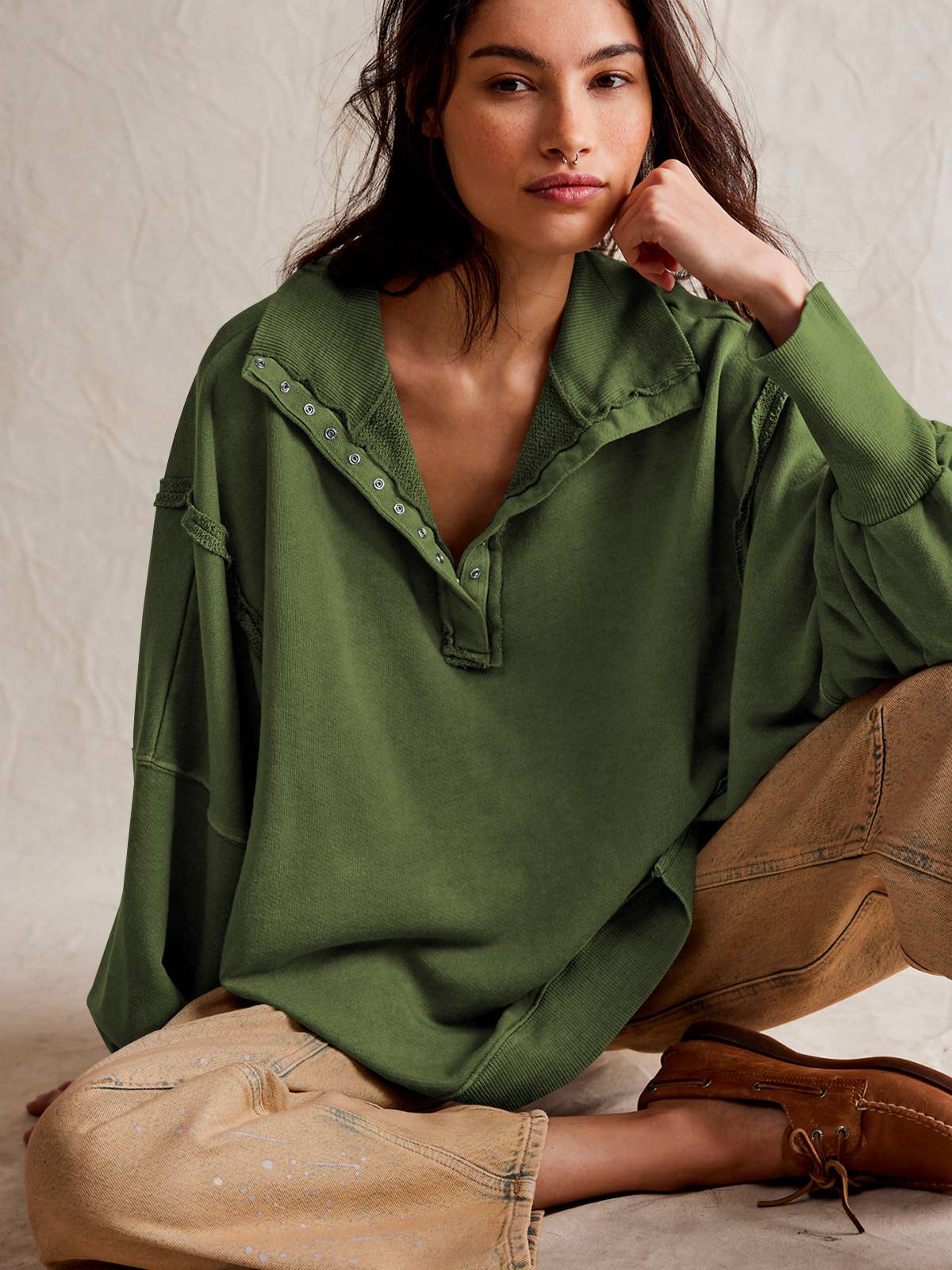 DESIGN SENSE SLIT LANTERN SLEEVE POLO COLLARHOODIE