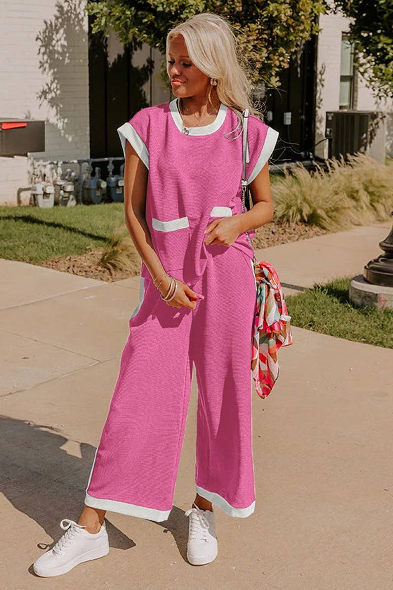 CWSTB1672_CONTRAST COLOR CREW NECK STRAIGHT PANTS SUIT