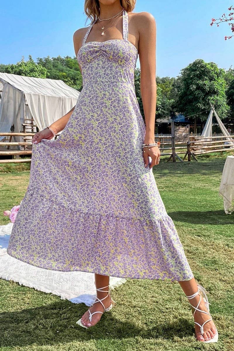 CWDHL0981_FLORAL PRINT TIE SLEEVELESS A-LINE DRESS