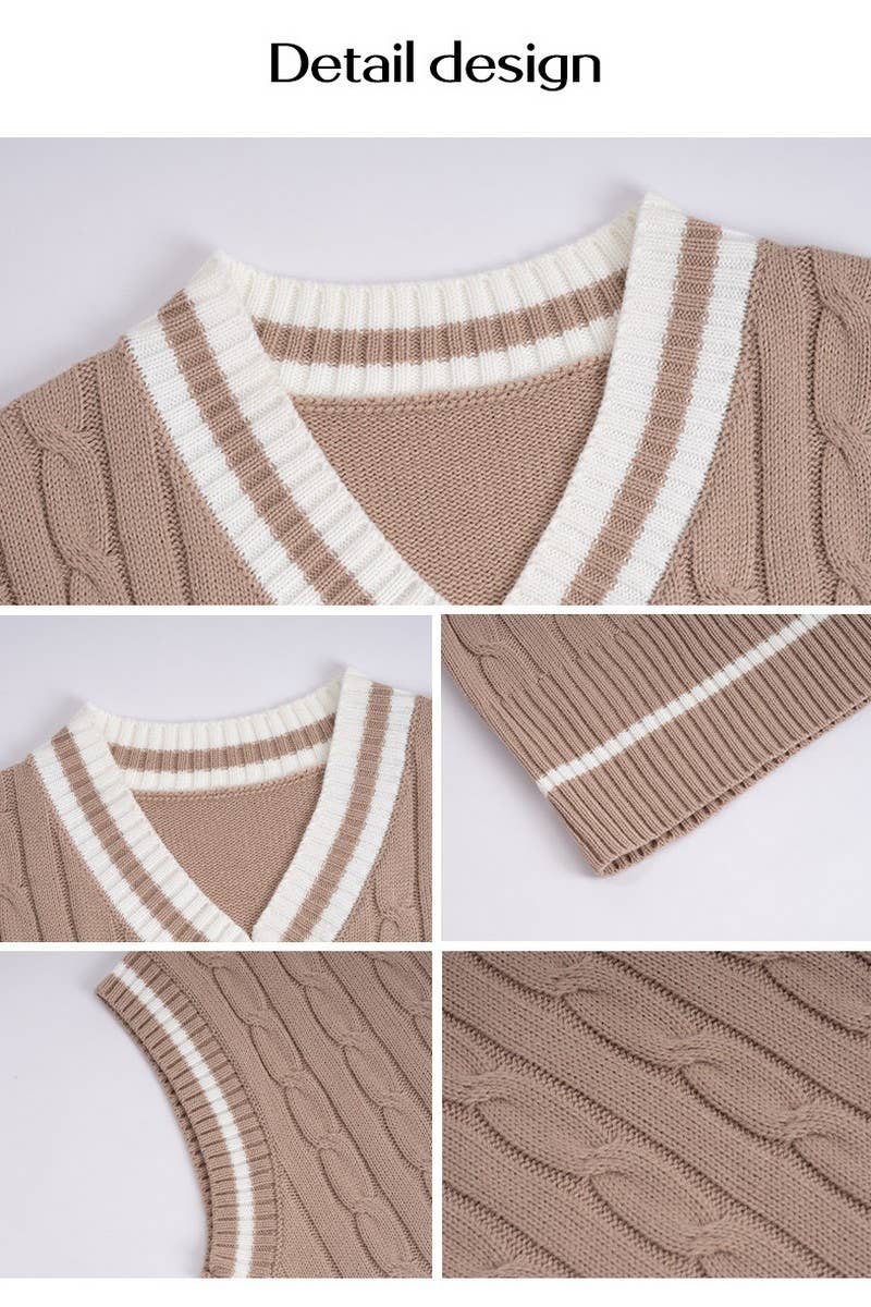 CWOV0454_V-NECK CONTRAST VEST KNITTED SWEATER