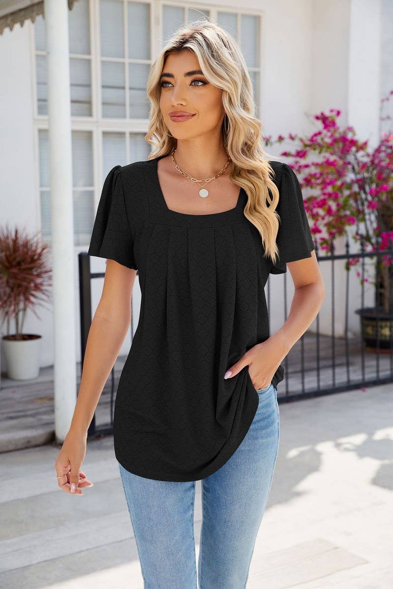 CWTTS0813_Squre Neck Short Ruffle Sleeve Knit Top