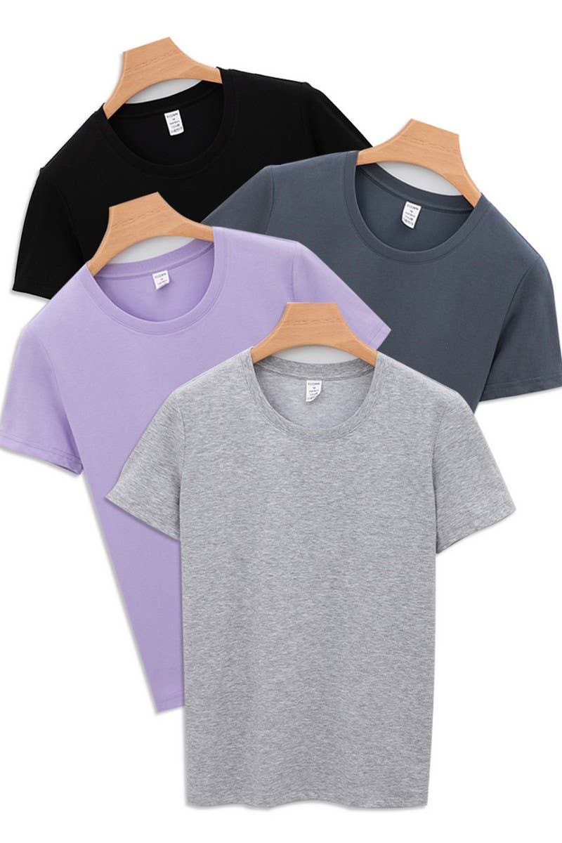 CWTTS1039_SOLID COLOR CASUAL ROUND NECK WOMEN T-SHIRT