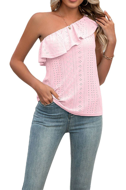 CWTBLSL0103_One Shoulder Ruffle Detailed Sleeveless Top