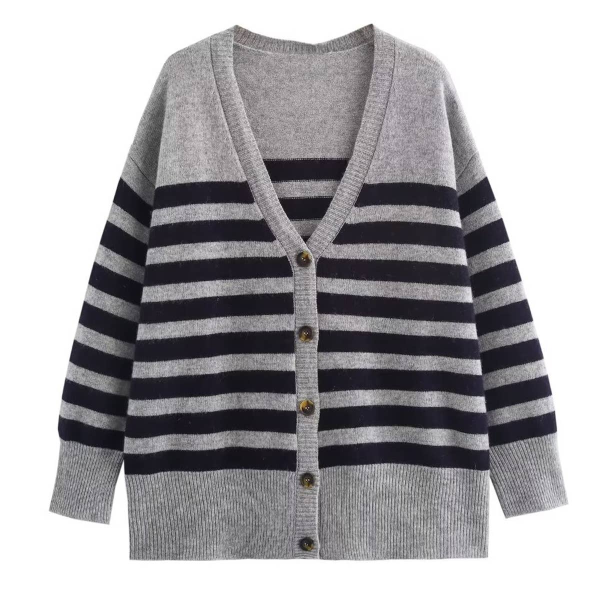 BIG V-NECK LOOSE SINGLE BREASTED STRIPED CARDIGAN