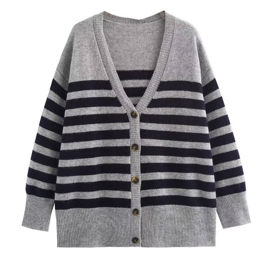 BIG V-NECK LOOSE SINGLE BREASTED STRIPED CARDIGAN