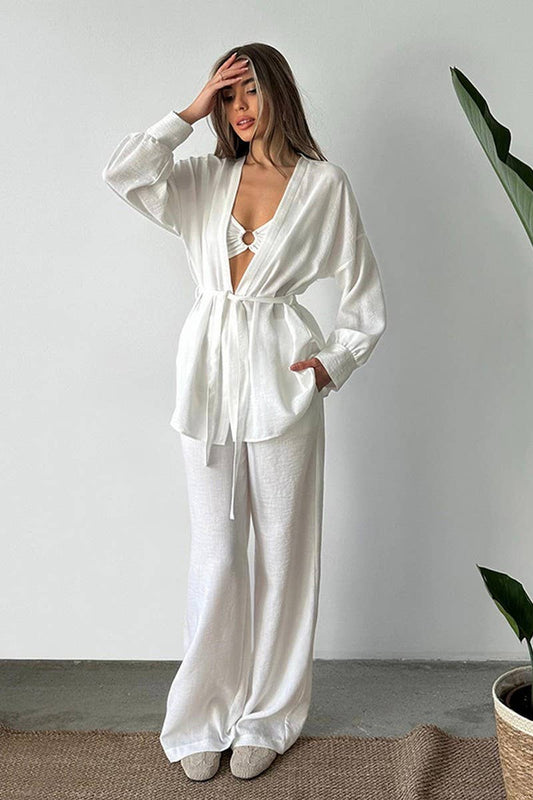 CWSPJ0330_DOUBLE CREPE CARDIGAN LACE-UP LOUNGEWEAR SET