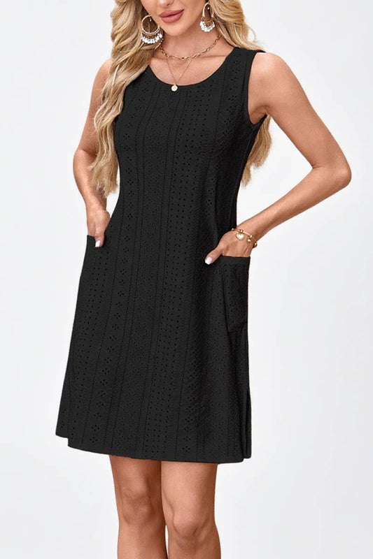 CWDSD8832_EYELET PRINT CASUAL SLEEVELESS TANK POCKET DRESS