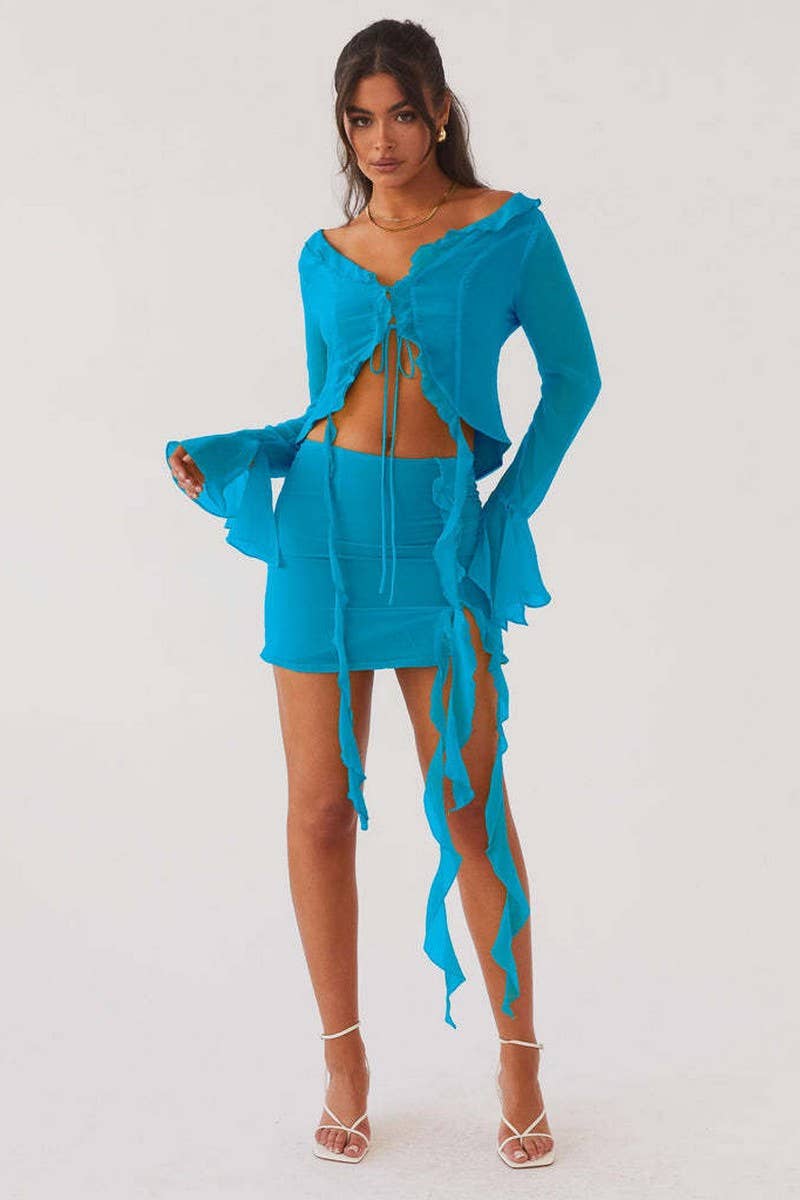 CWSTB2031_RUFFLE FRINGE LONG SLEEVE BODYCON SKIRT SET