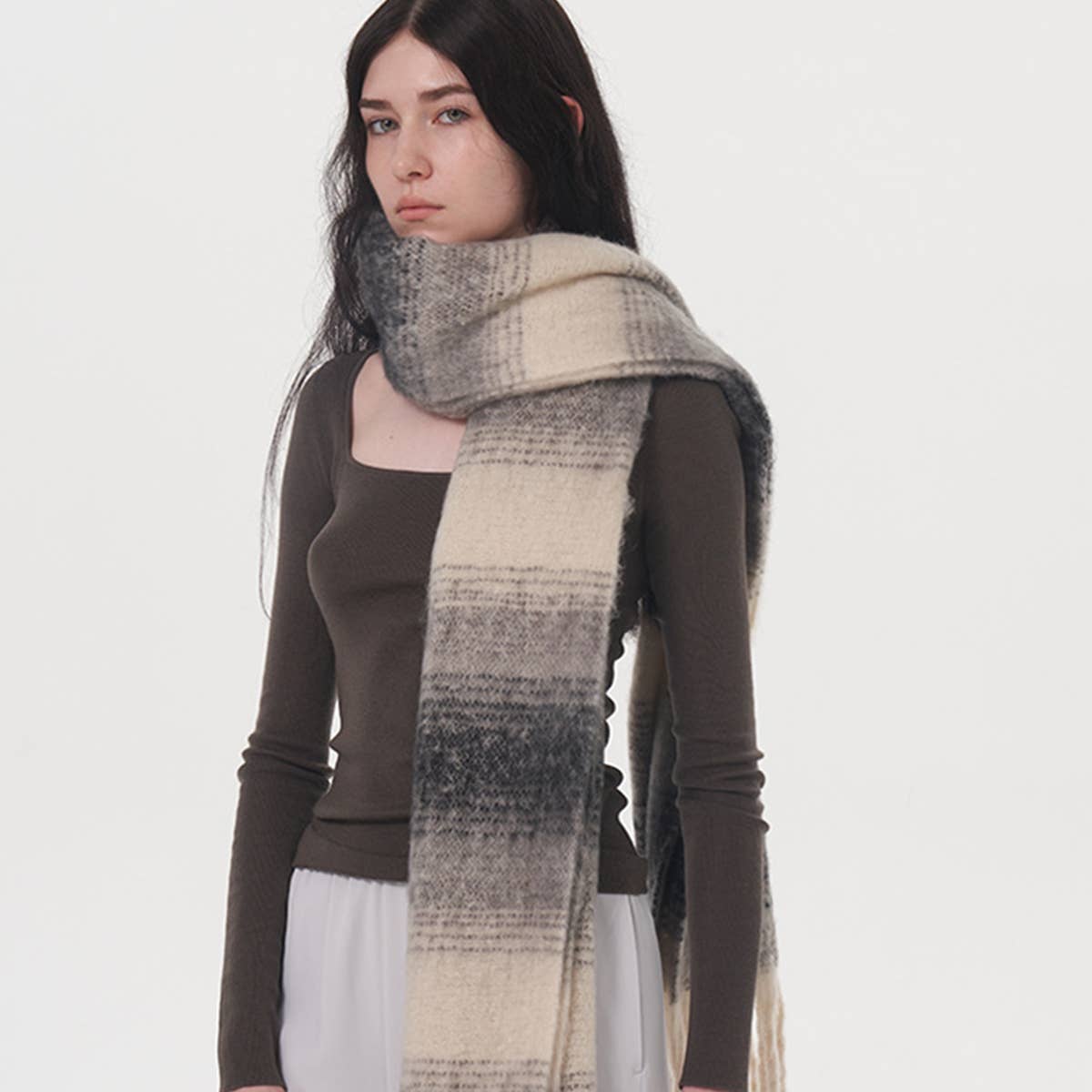 Plaid Stripe Scarf ??Wide Faux Cashmere Wrap_CWASC0333