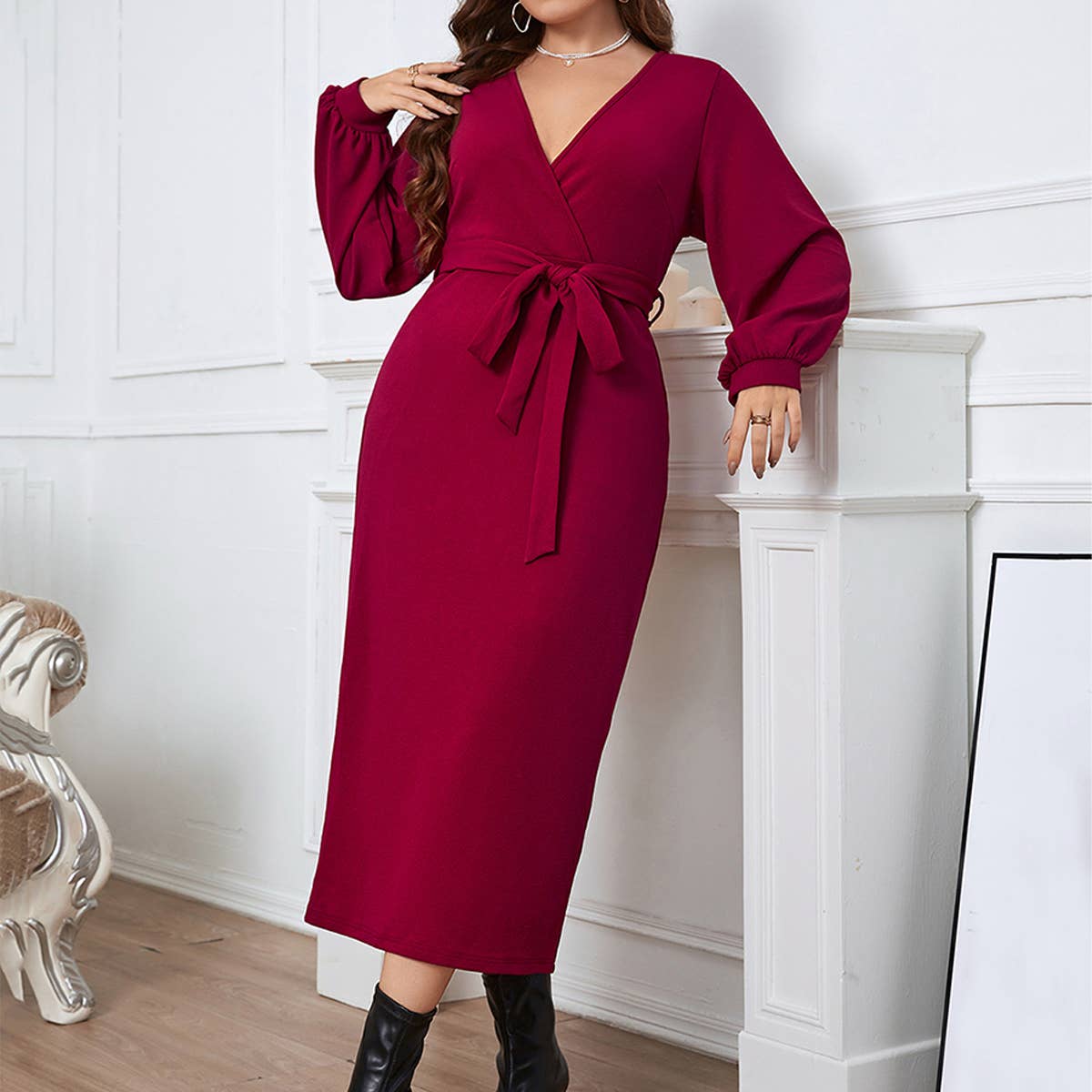 Red V-Neck Slim Fit Long Dress for Fall & Spring_CWDSD8473