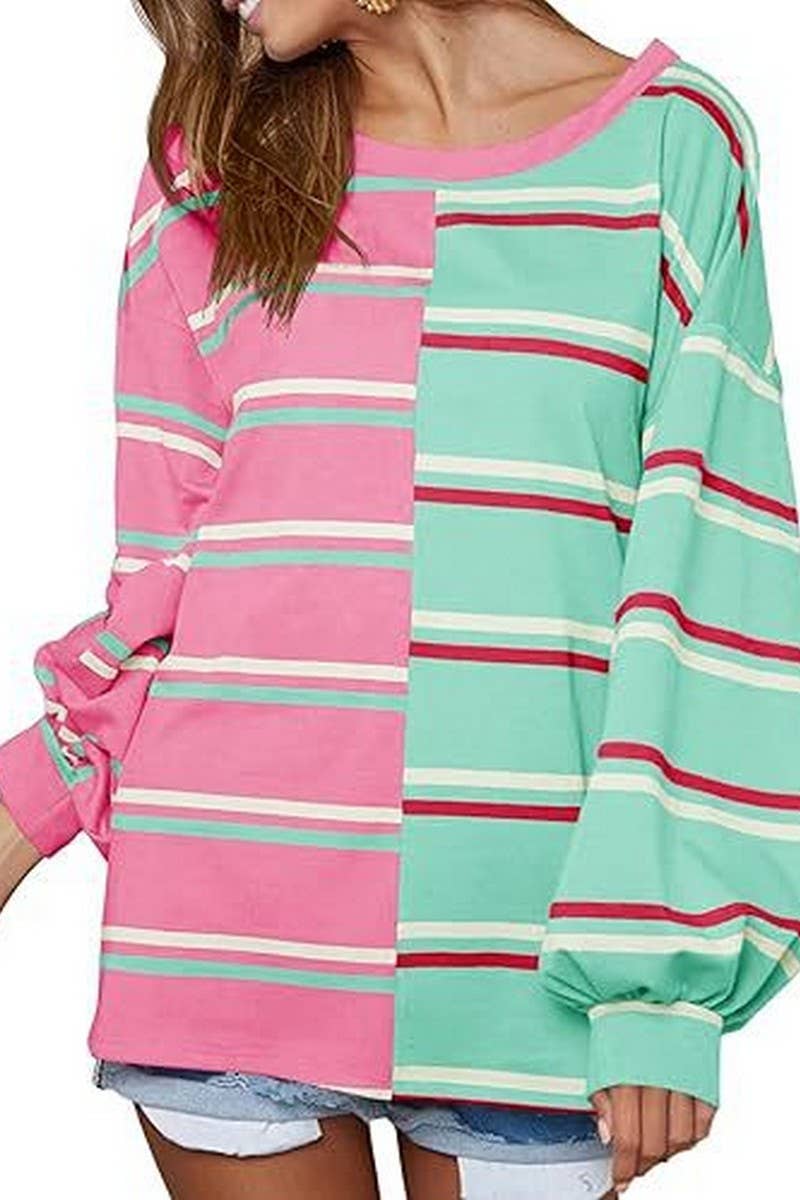 CWTBLL3903_LOOSE CASUAL STRIPED KNIT LONG SLEEVE SWEATSHIRT