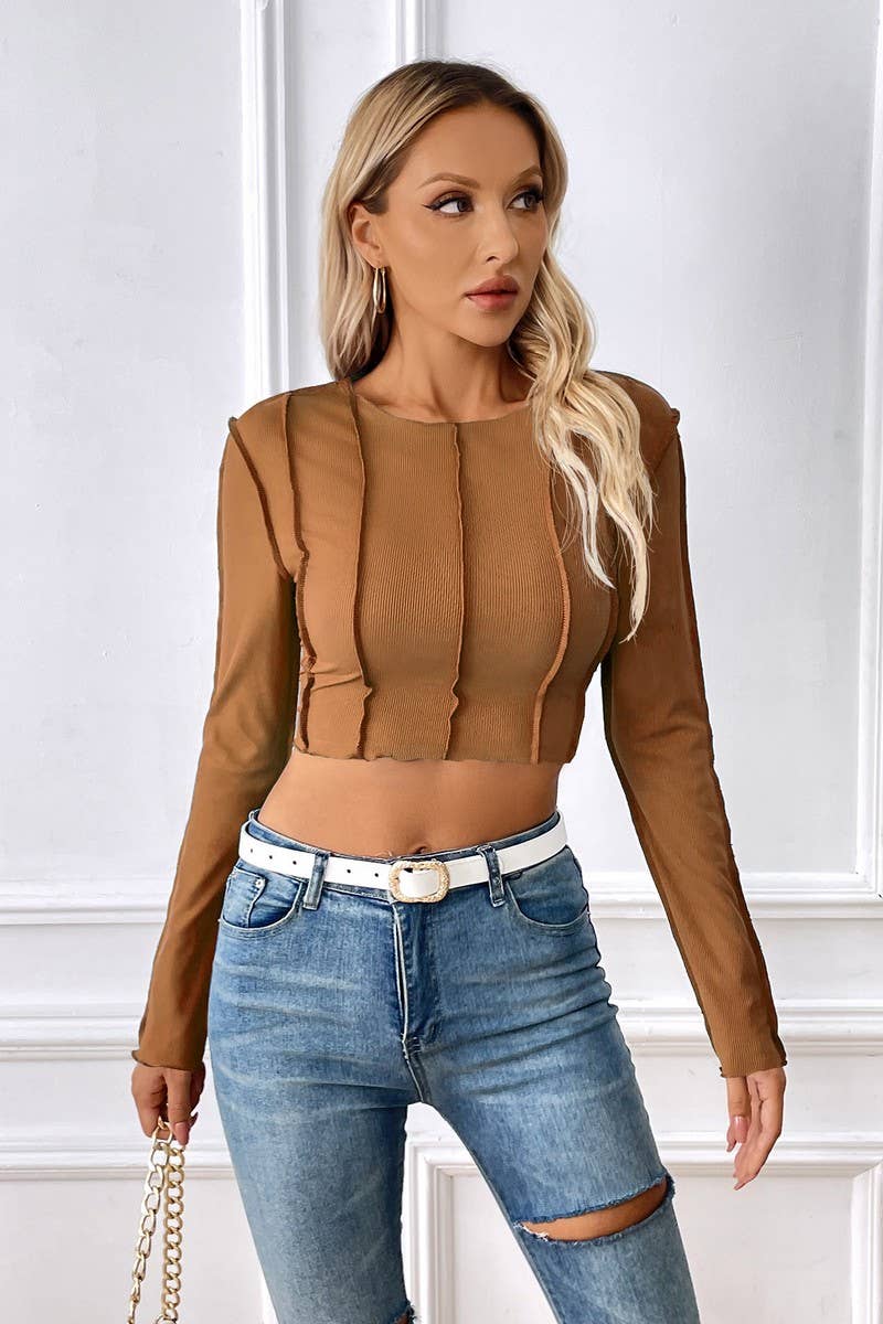 CWTBLL2744_SHORT NAVEL-BARING SOLID COLOR LONG-SLEEVED TOP