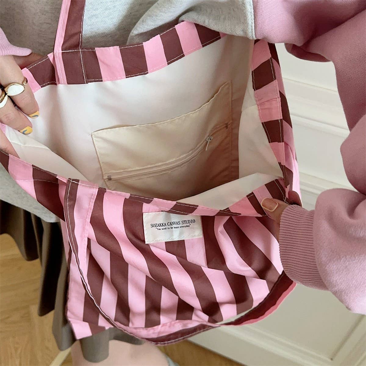 CWAB5814_FASHION STRIPED LARGE CAPACITY SIMPLE CANVAS BAG