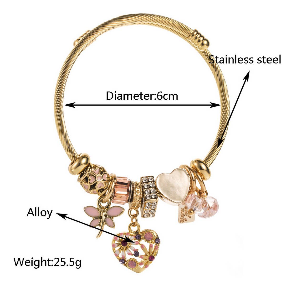 Beaded Steel Bracelet with Heart Charm_CWMM8473