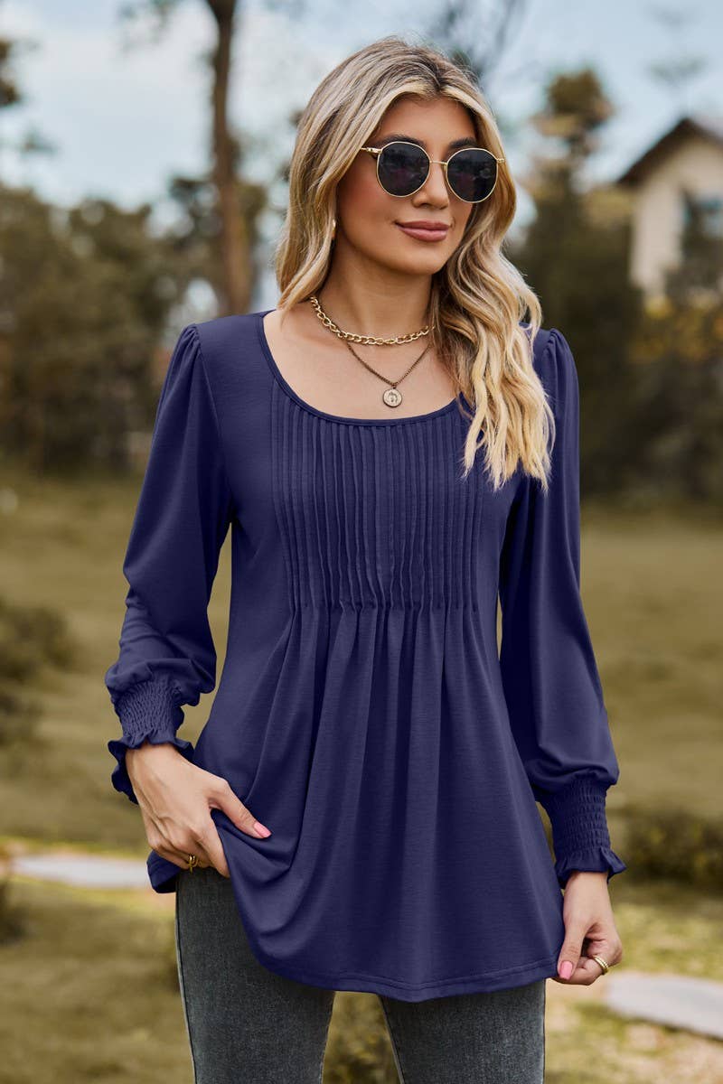 CWTBLL3687_NEW AUTUMN SOLID COLOR ROUND NECK DRAW CUFFS TOP