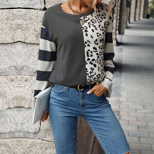 Casual top crew neck patchwork leopard knit