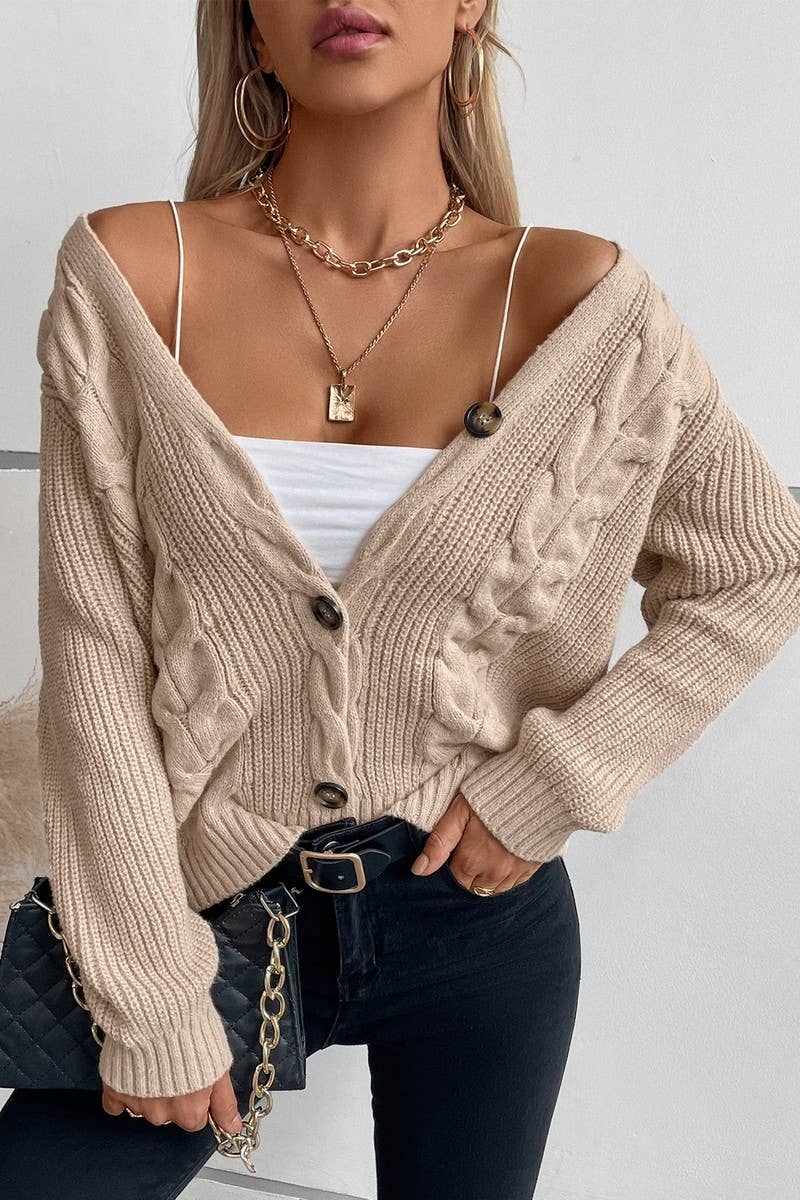 CWOCAL0837_SOLID COLOR SINGLE-BREASTED CABLE KNIT CARDIGAN