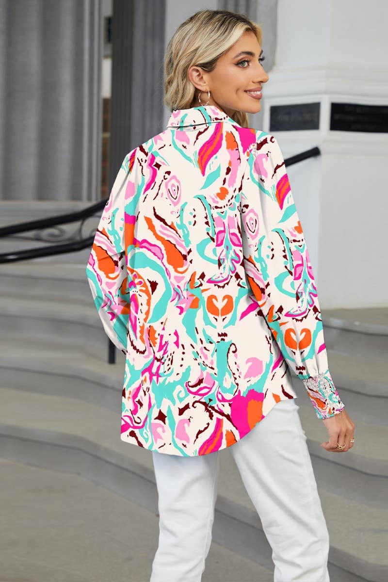 CWTSTL2302_HOLIDAY PRINTED LONG-SLEEVED LANTERN SLEEVE SHIRT