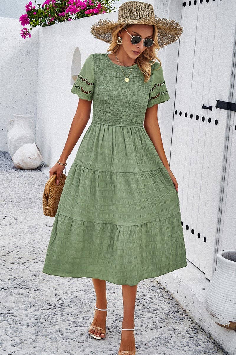 CWDSD2795_Smocking Detailed Short Sleeve Dress