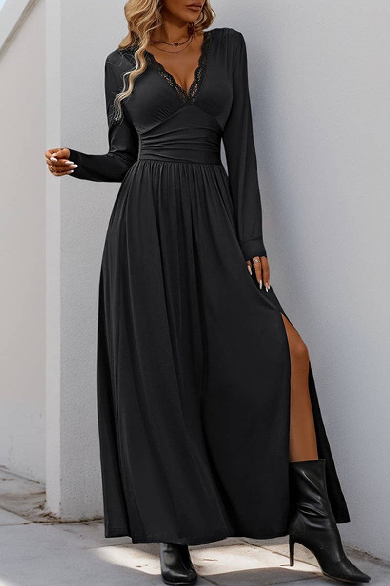 CWDMD3564_V-NECK SOLID COLOR SLIT SLIM MAXI DRESS