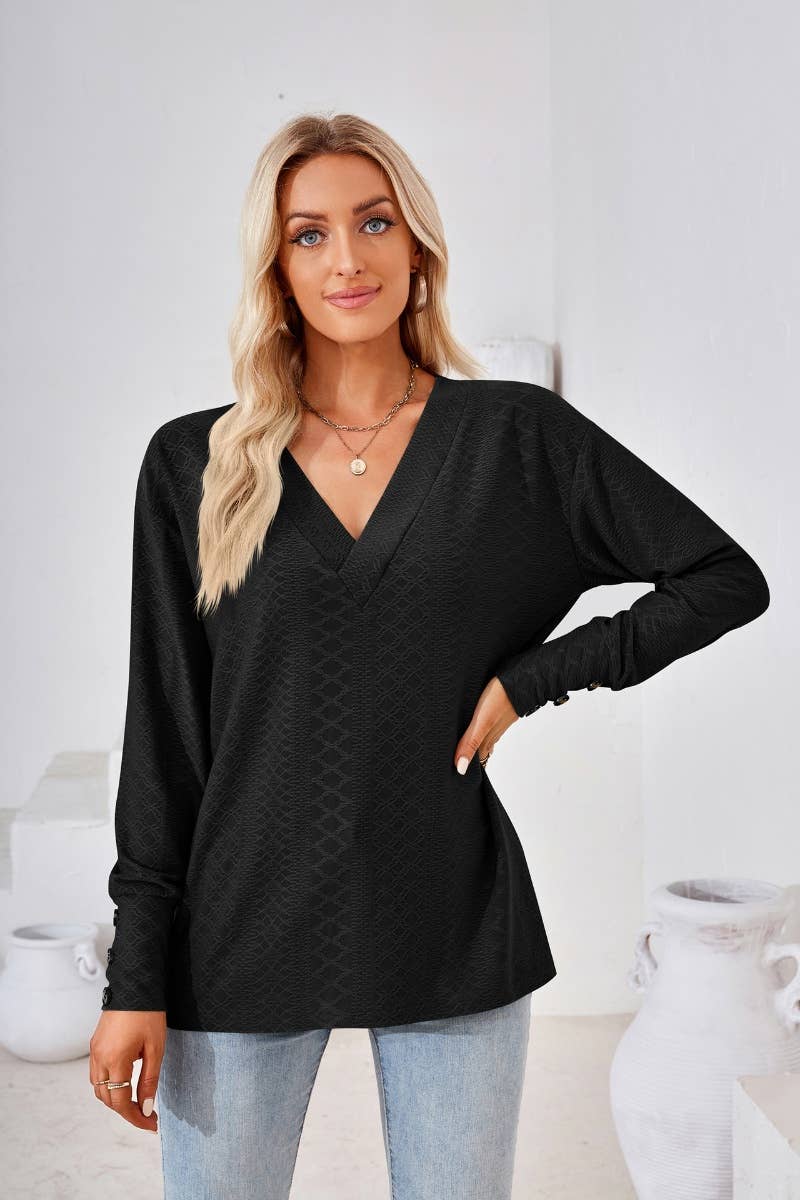 CWTBLL2806_SOLID COLOR V-NECK LONG SLEEVE BUTTON-UP TOP