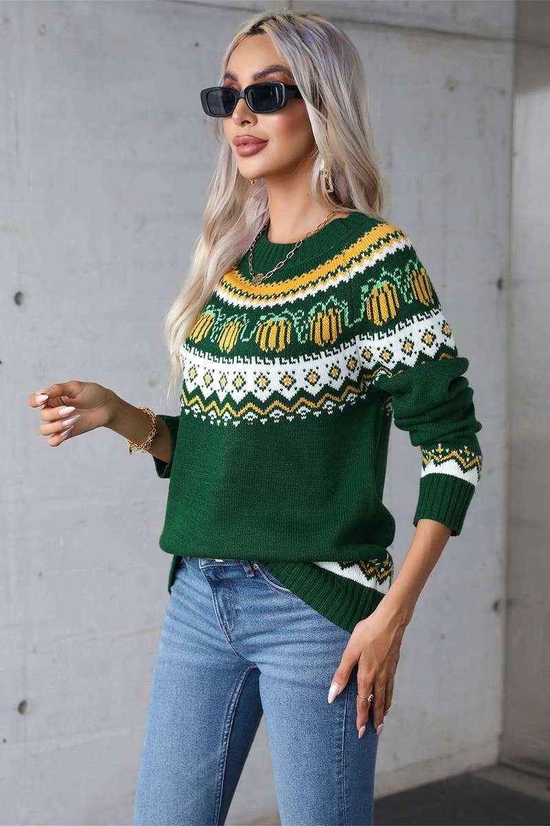 CWOSWL5755_HALLOWEEN CREW NECK FESTIVE KNIT SWEATER