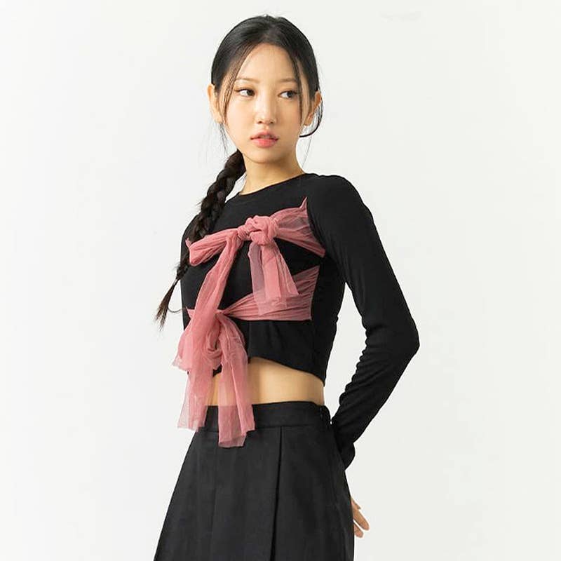 COLOR CONTRAST MESH BOW STRAP CROP T-SHIRT