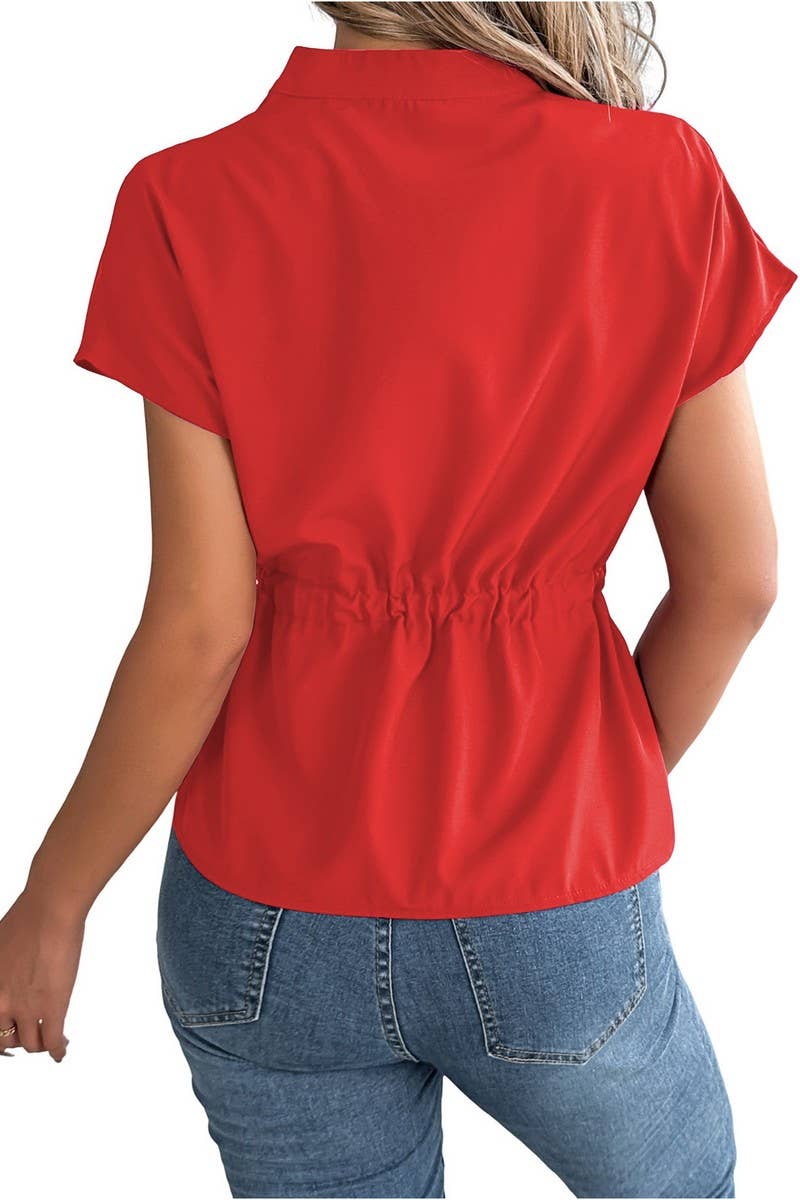 CWTBLS02501_2025 WOMEN V NECK SHORT SLEEVE CHIFFON BLOUSE