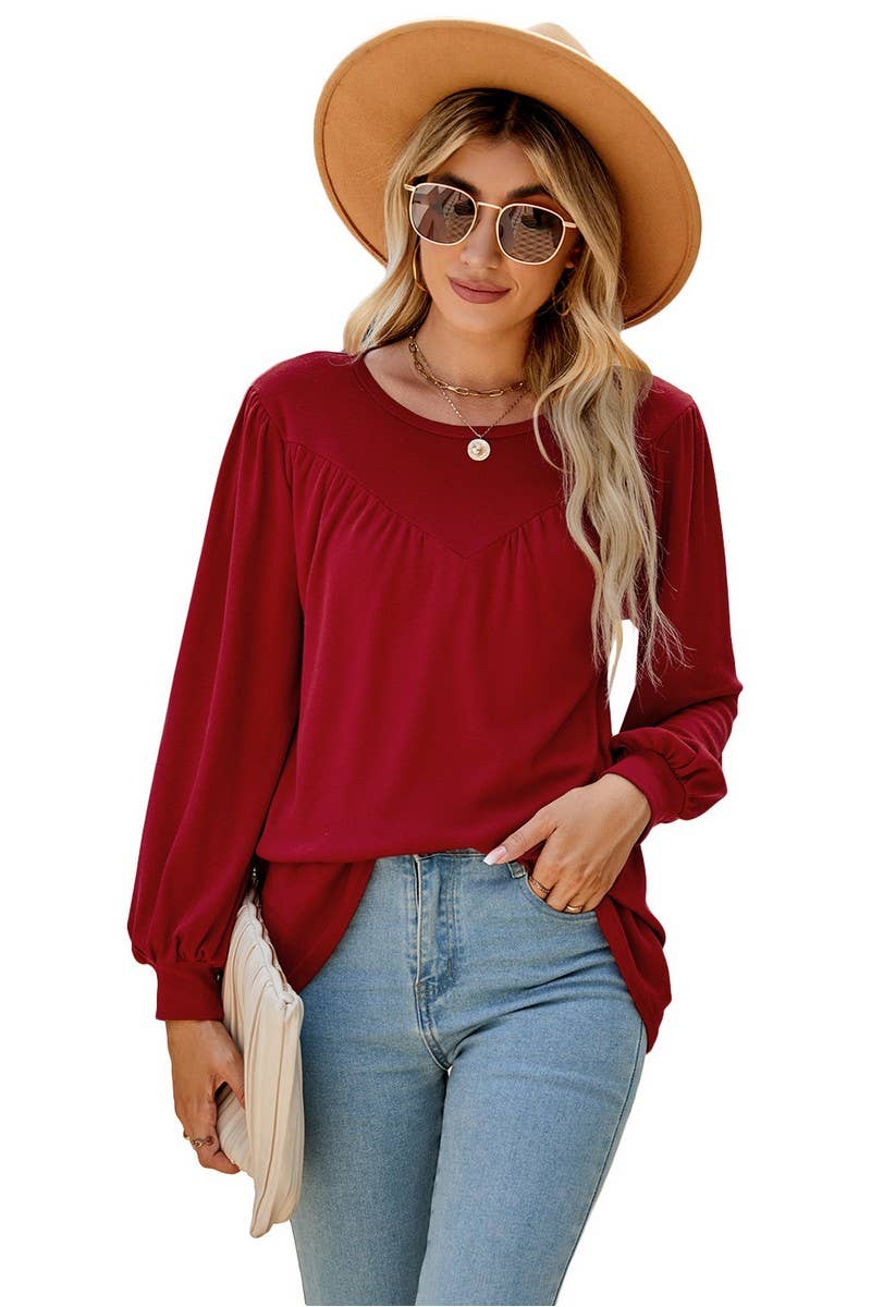 CWTBLL3690_LOOSE CREW NECK CASUAL PLEATED TOP