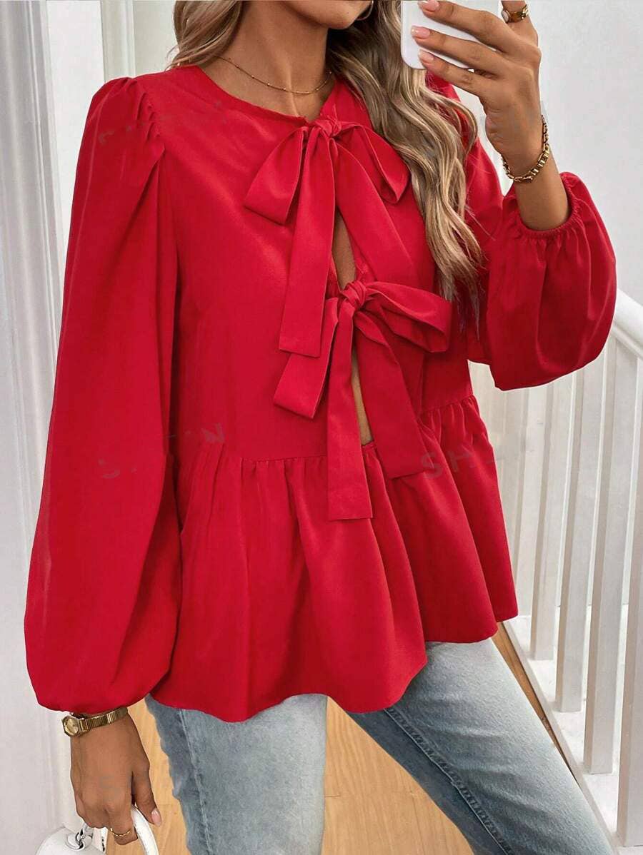 BOW LANTERN SLEEVE BUBBLE DOUBLE-SIDED SHIRT