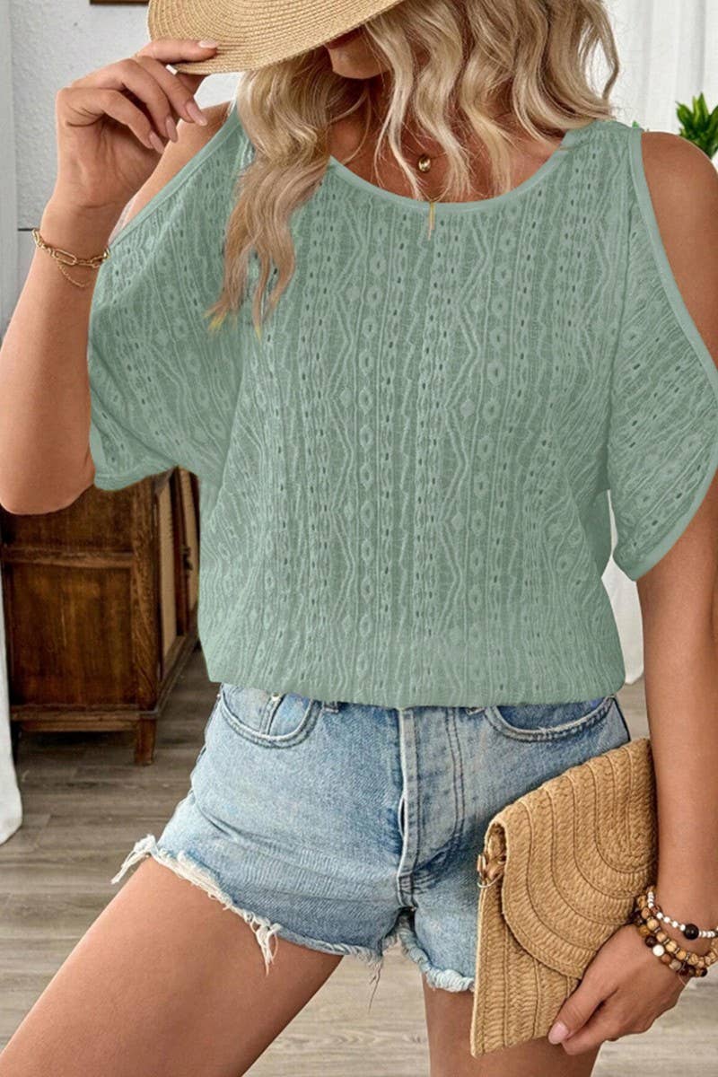 CWTBLS2261_SOLID COLD SHOULDER BATWING SLEEVE CUTOUT TEE